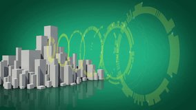 Animation of round scanners spinning over 3d city model against green background with copy space. Computer interface and architectural engineering technology concept - Powered by Shutterstock - Get 15% off with code: PIKWIZARD15