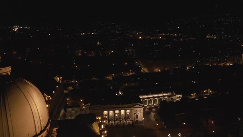 Aerial Pullback Reveals Buda Castle at Night. Budapest, Hungary