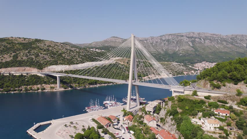 Aerial: Spectacular Dr. Franjo Tuđman Bridge, Dubrovnik