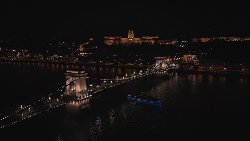 Szechenyi Chain Bridge at Night. Buda Castle in Background. Budapest, Hungary Royalty-Free Stock Footage #1110225575
