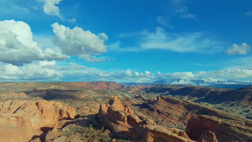 Aerial View Of Geological Rock Formation With Tourists In Arches National Park In Utah, United States.
