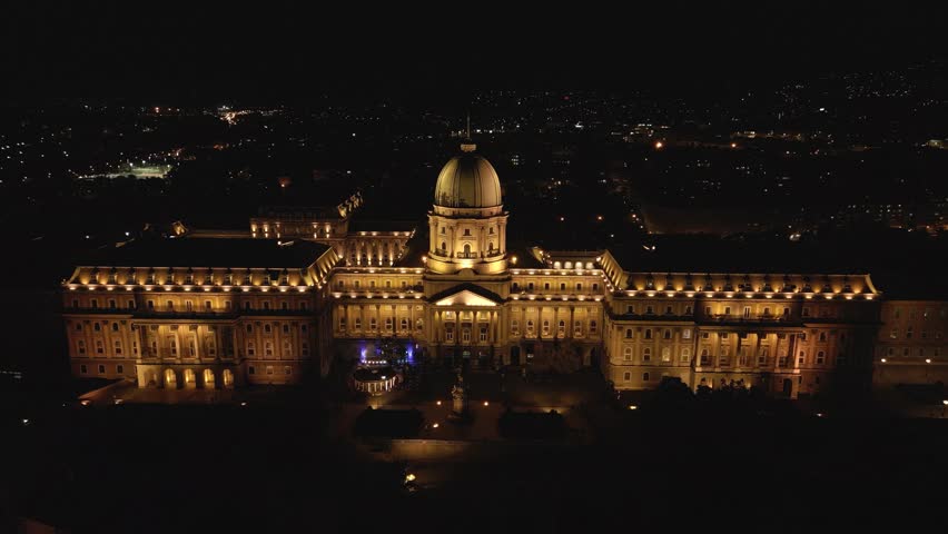 Buda Castle at Night in Budapest, Hungary. Orbiting Drone Shot Royalty-Free Stock Footage #1110225687