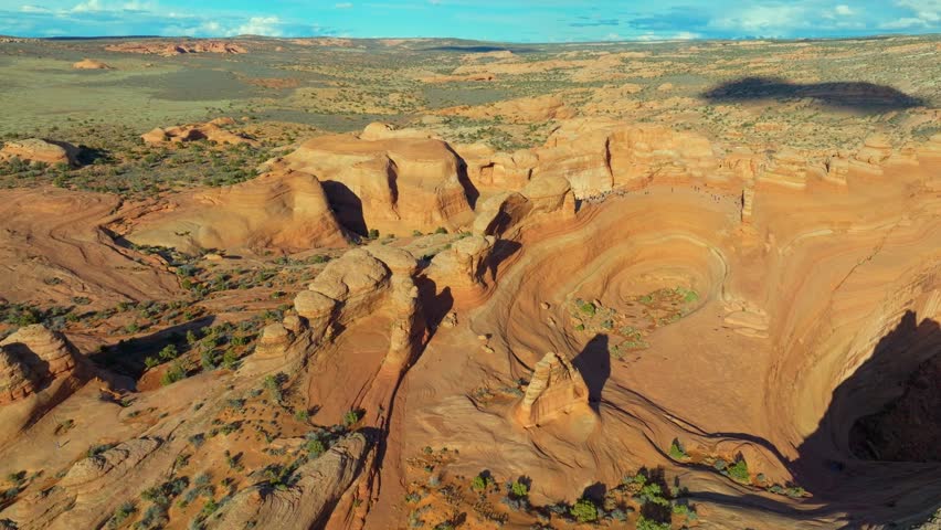 Aerial View Of Red Massive Rock Formations At Arches National Park In Utah, United States.