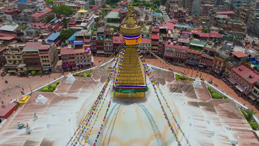 Above View Of Boudhanath Stupa Golden Top In Kathmandu, Nepal. Aerial Shot