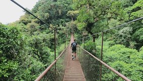 4k video man hiker crossing suspension bridge deep inside rain forest of Panama