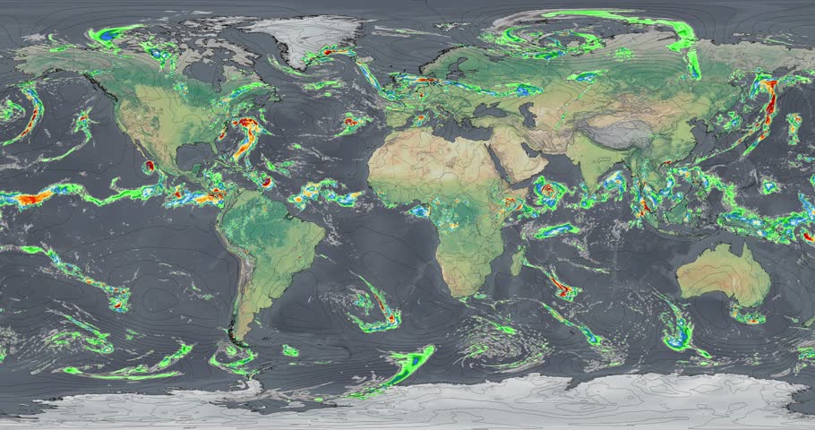 The weather map recreates intense rainfall over World, the storms show the progress of rain patterns in the region.
