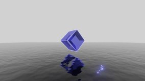Violet mirror cube with neon glowing edges floating on a dark water surface. Abstract 3d animation with simple geometric shape - Powered by Shutterstock - Get 15% off with code: PIKWIZARD15