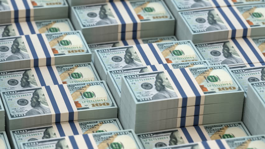Dollar pack stacks.  100 dollar banknotes. Business financial and investment  concept. 3d loopable seamless animation