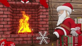 Santa Claus sits on a box with a Christmas present under a colorful Christmas tree and dangles his legs. Merry Christmas and Happy New Year animation. Seamless loop. - Powered by Shutterstock - Get 15% off with code: PIKWIZARD15