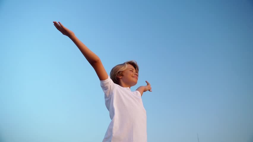Relaxed teen boy breathing fresh air raising arms over blue sky sunset twilight at summer. Dreaming, freedom and traveling concept. Royalty-Free Stock Footage #1110246765