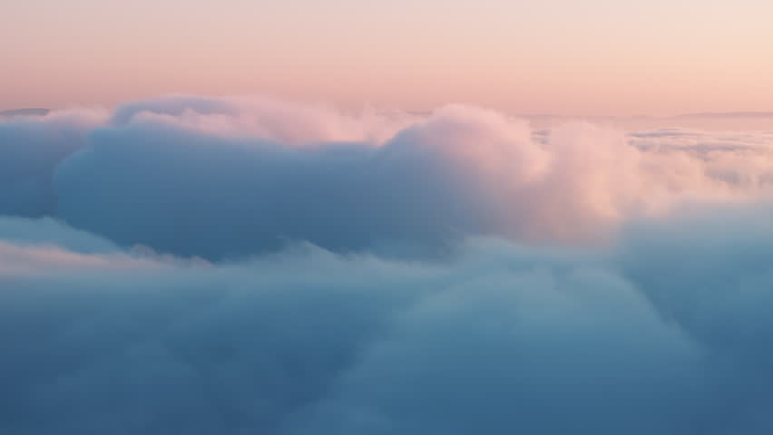 Cinematic breathtaking aerial flying above swirling pastel pink and blue fluffy clouds high in heavenly sky with fresh clean air in sunset skies on background. Paradise concept, nature landscape video Royalty-Free Stock Footage #1110254837