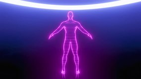 A violet futuristic, Human hologram rotation In a fantastic cosmic space. Human digital scanning. Bright colour digital style. Cosmic modern 4K loop render. Moving stock video. Seamless 3D animation