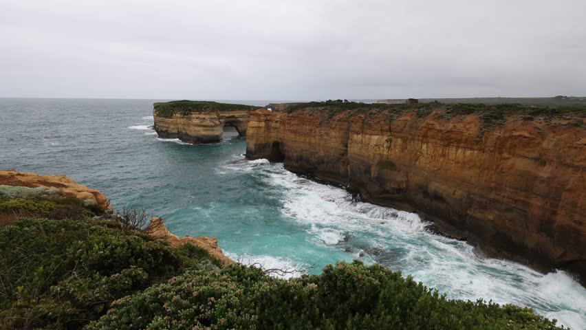 View from Island Arch lookout with Loch Ard Gorge beach in background, Great Ocean Road, southern Australia