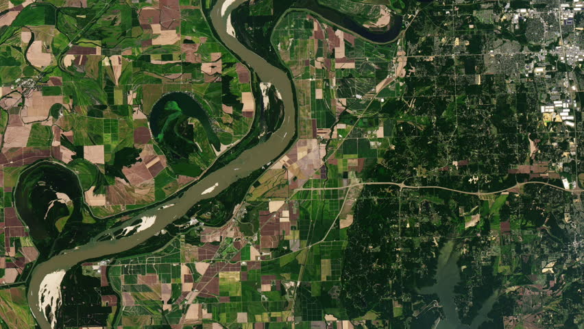 Drought on green field, river and agriculture satellite view, animation of Mississippi river, Tennessee. Contains images by Nasa