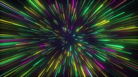 This is a stock motion graphic animation video of a star burst neon line abstract pattern background, in colors of pink, purple, green and blue.
