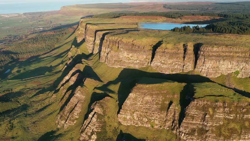 Aerial of Binevenagh Mountain in County Antrim, Ulster, Northern Ireland, United Kingdom, Europe