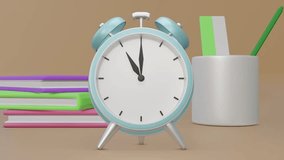 Blue vintage alarm clock, book and ruler. illustrator 3d object on a chocolate background. - Powered by Shutterstock - Get 15% off with code: PIKWIZARD15