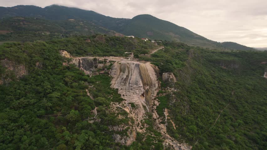 Hierve el Aqua aerial drone view of natural pools, rock formations and waterfalls. Famous holiday destination in Oaxaca Mexico.