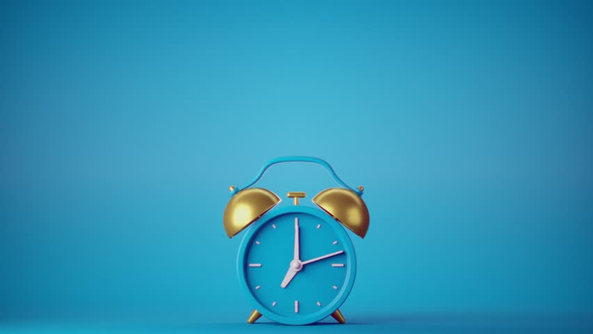 4K Abstract loop animation of 3d ringing blue retro alarm clock on blue background. Business concept object, classic stylised analog alarm clock isolated on blue background