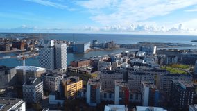 Aerial over Helsinki, Finland. Daytime video capture during sunshine weather, the juxtaposition of modernity and tradition that defines this vibrant capital.
