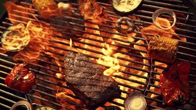 Cinematic Super Slow Motion Footage with Speed Ramp Effect. Juicy Beef Steak and Roasted Smoky Vegetables are Being Prepared on Flame. BBQ Cooking on an Outdoors Barbeque Grill - Powered by Shutterstock - Get 15% off with code: PIKWIZARD15