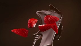Dark chocolate splash falling in slow motion with strawberry slices - Powered by Shutterstock - Get 15% off with code: PIKWIZARD15