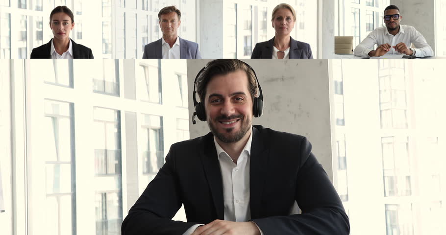 Collage of multiple videos of teleconference event by business of diverse, young and mature businesspeople having on-line negotiation, company boss greets clients or office employees start videocall Royalty-Free Stock Footage #1110278601
