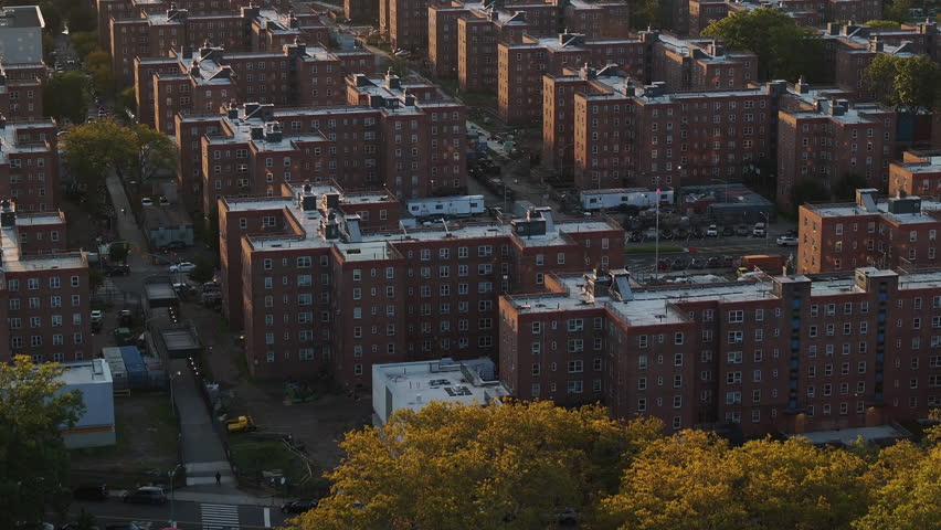 Aerial view of Red Hook Housing Projects. Shot at sunrise in Brooklyn, New York City.