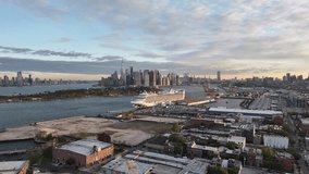 Drone footage of a cruise ship docked in New York City. Shot in Red Hook, Brooklyn during the autumn of 2023 in 4k.