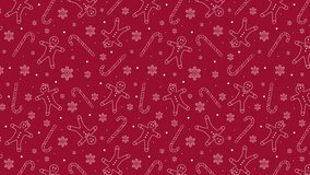 4K Animated Christmas Ginger Bread Cookies Candy Canes and Snow Fakes Vertical Motion Pattern Christmas sweets and decorations animated texture Can be used as card background or banner design template
