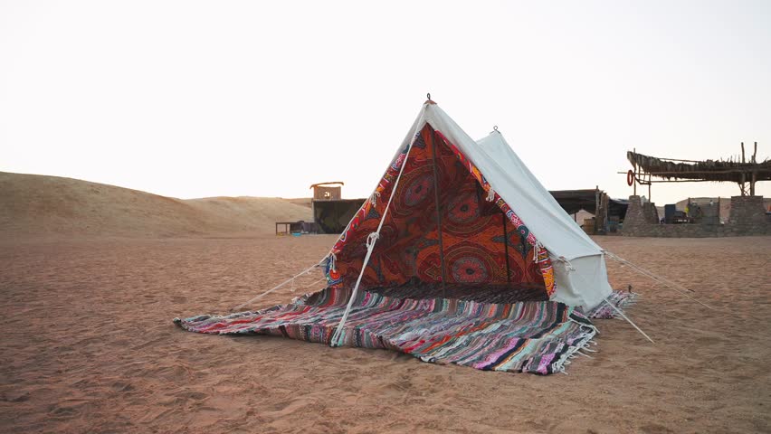 Motion forward inside fabric tent with colorful pattern carpet in the bedouin camp. Tourist excursion sleep at night in the desert Royalty-Free Stock Footage #1110285153