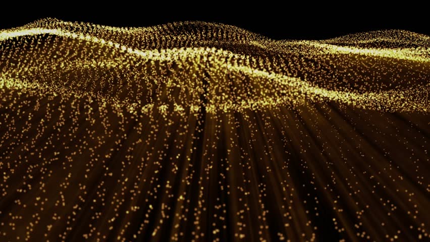 Golden particles in motion, a dazzling display. Slow-motion gold dust on black backdrop. Night desert dunes, golden sand with real shimmering gold particles. Mesmerizing wave of golden light. Royalty-Free Stock Footage #1110287319
