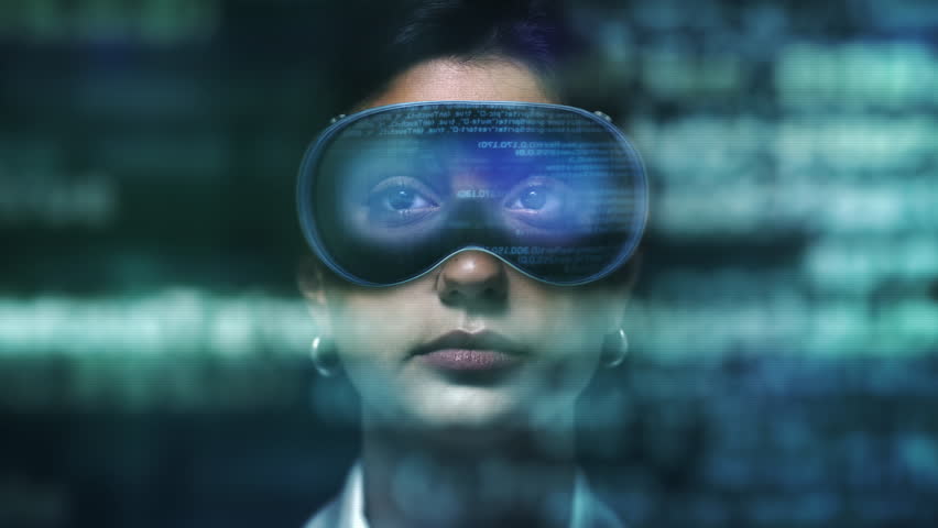Woman using Virtual Reality Glasses to Check her Program Code Software.  Latin American Program Developer Wearing VR AR Headsets. - Powered by Shutterstock - Get 15% off with code: PIKWIZARD15