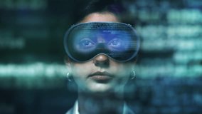 Woman using Virtual Reality Glasses to Check her Program Code Software.  Latin American Program Developer Wearing VR AR Headsets. - Powered by Shutterstock - Get 15% off with code: PIKWIZARD15