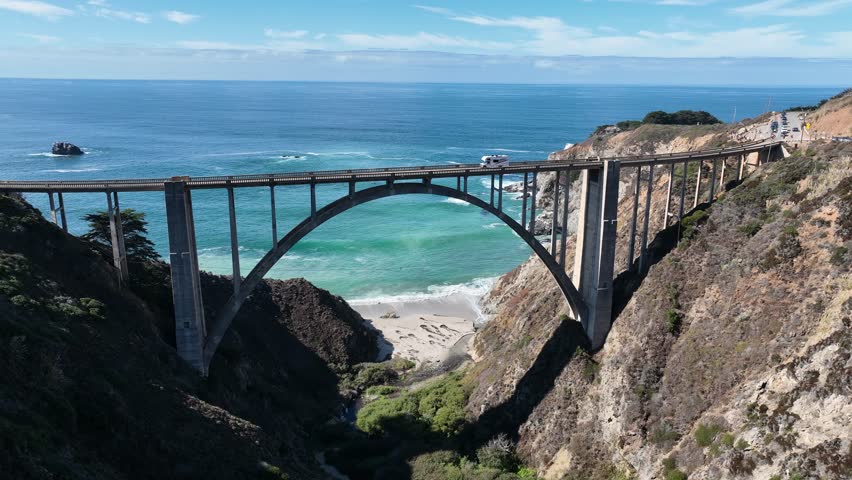 Bixby Creek Bridge At Highway 1 In California United States. Architecture Road Trip In Ocean Road Of California. Seaside Landscape. Bixby Creek Bridge At Highway 1 In California United States. Royalty-Free Stock Footage #1110289103