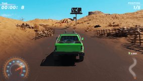 Animation of the pc racing gaming entertainment. Gaming entertainment animation displaying the green truck drifting in the desert. Animation of the loss screen. Enjoying Gaming entertainment hobby.