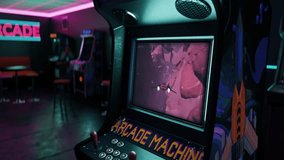 Playing Sci-Fi Space Exploration Game On Classic Arcade Cabinet In Retro Lounge. Controlling Spaceship In Video Game Using Arcade Machine Stick. Gaming Animation. Sci-Fi Starship. Nostalgic Arcade