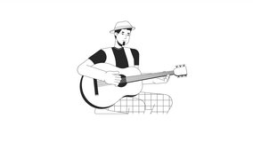 Musician playing acoustic guitar bw outline 2D character animation. Guitarist performance monochrome linear cartoon 4K video. Caucasian guy instrument animated person isolated on white background