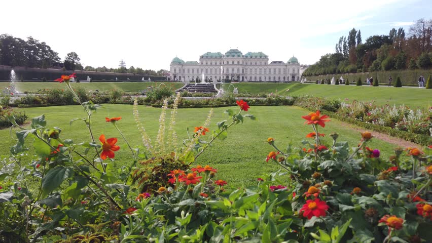 Architecture, lakes and fountains in Vienna city of Austria