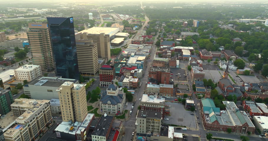 Lexington Kentucky urban architecture in city downtown at sunset. Panoramic view of business district skyline with high-rise buildings.
