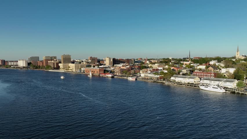 Aerial view of Cape Fear River and downtown Wilmington, North Carolina.