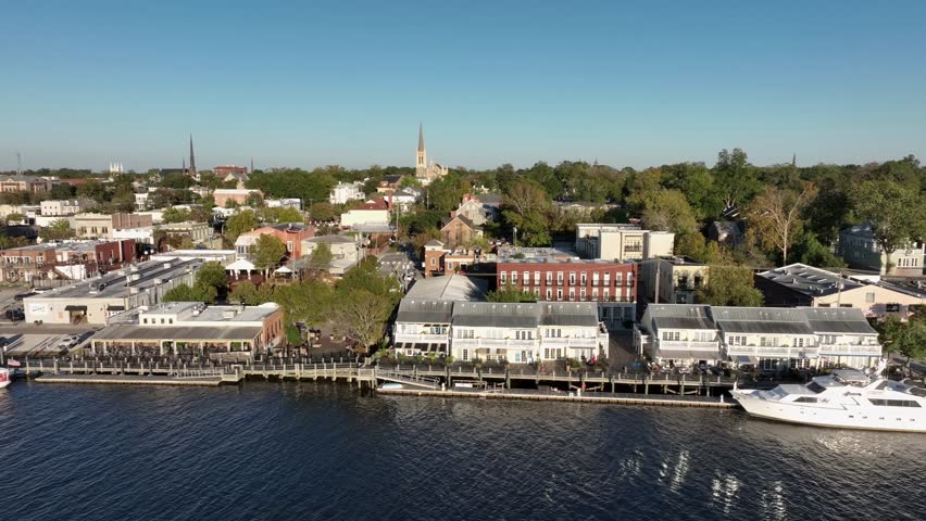 Aerial view of Cape Fear River and downtown Wilmington, North Carolina.