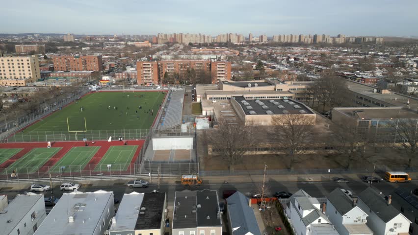 This video shows scenic aerial views of Canarsie High School in Brooklyn. 