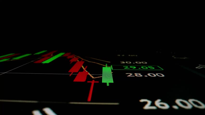Closeup macro shot movement of stock graph displayed on LED screen showing growth chart as economic boom or bull market point concept. Positive stock market exchange suitable for financial investment. Royalty-Free Stock Footage #1110299251
