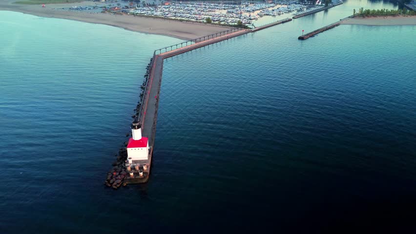 Drone footage of Michigan City lighthouse, located at Washington Park, Indiana