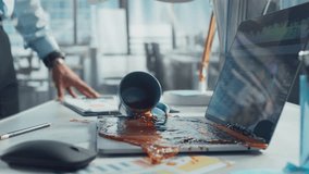 Sloppy Tired Businessman Accidentally Spilling a Cup of Coffee on His Laptop Computer with Financial Presentation and Investment Data. Cinematic Real Super Slow Motion Footage with Speed Ramp Effect - Powered by Shutterstock - Get 15% off with code: PIKWIZARD15