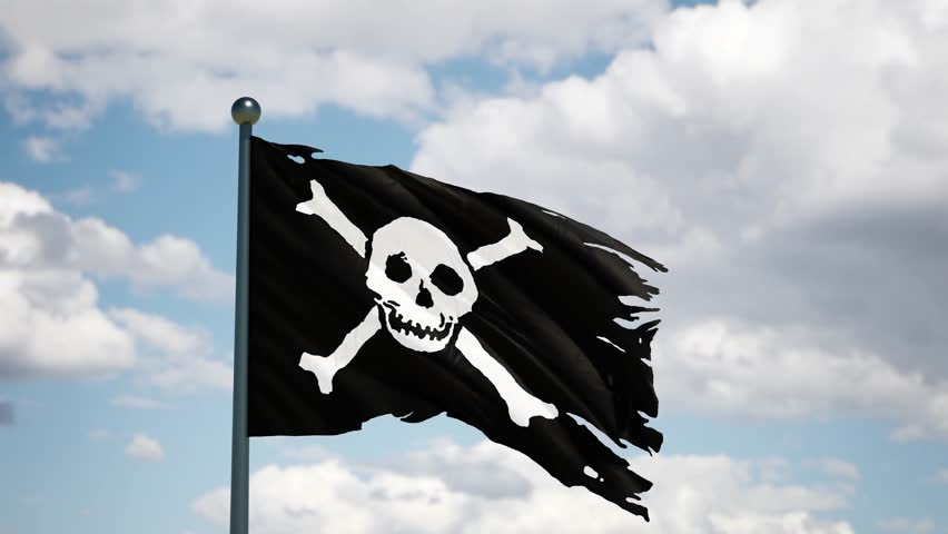 Jolly Roger flag flutters in the wind. Pirate ship skull and bones war banner. Royalty-Free Stock Footage #1110303157