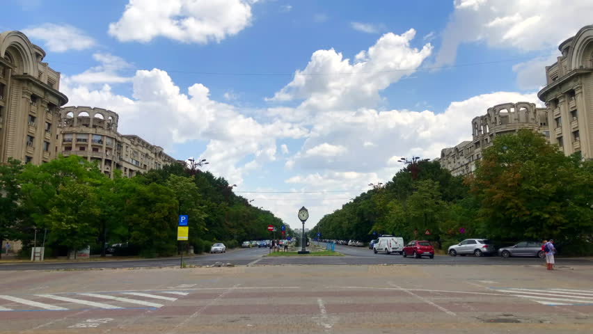 Wide street. Unification boulevard. Constitution square. Bucharest, Romania.
