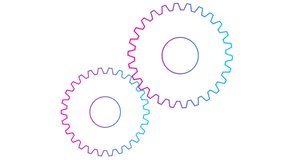 Animated pink blue two gears spin. Linear symbol. Concept of teamwork, business, technology,  industry. Looped video. Vector illustration isolated on white background.