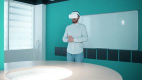 Modern business meeting, businessman in a virtual reality glasses, presentation using modern technologies, communicates with colleagues using virtual reality, video call, template.